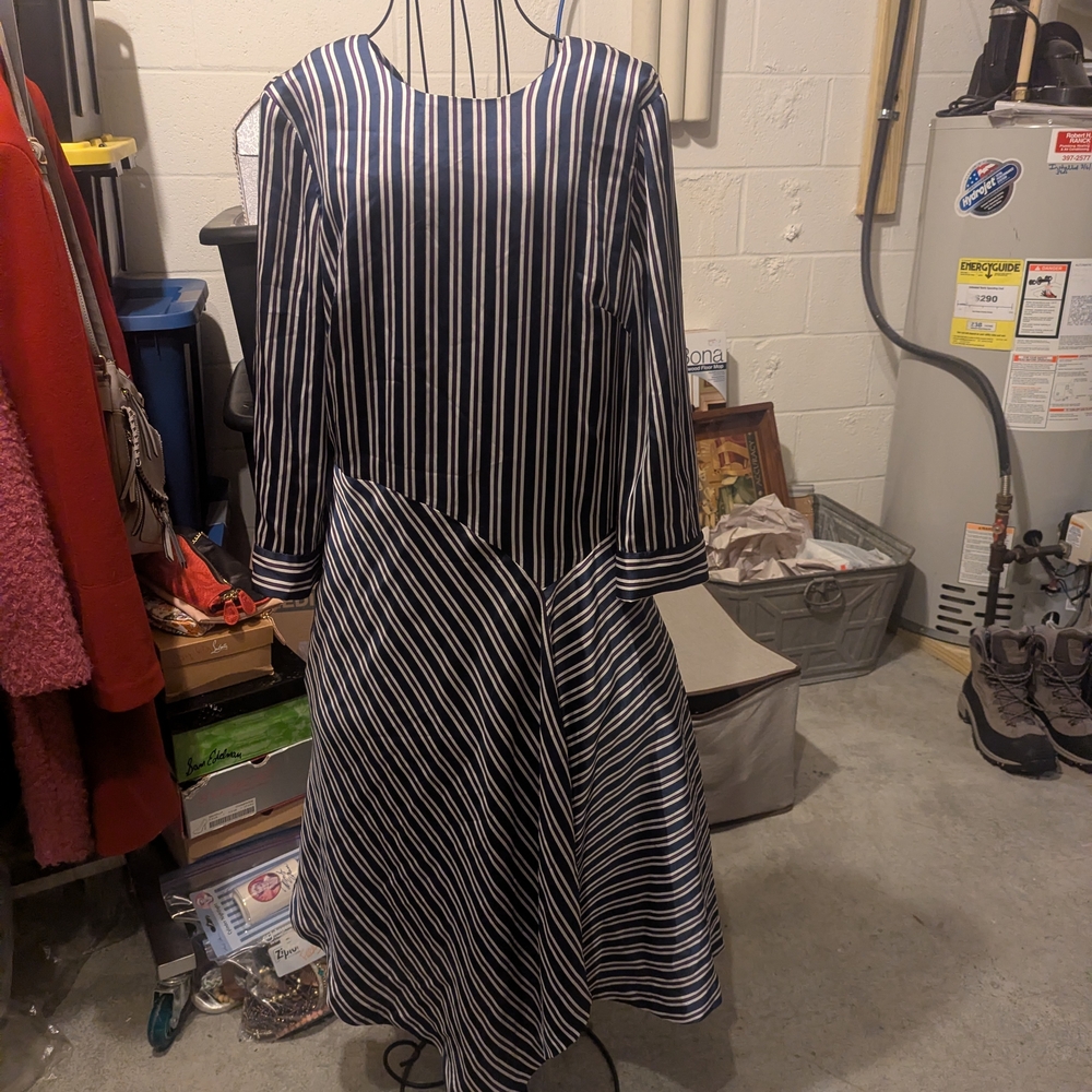 Banana Republic Navy and White Striped Long-Sleeve Fit-and-Flare Dress